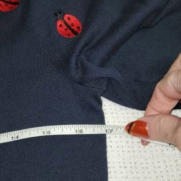 Talbots Oprah's Magazine Collection Sz XS Navy Blue Embroidered Lady Bug Sweater - Picture 8 of 10